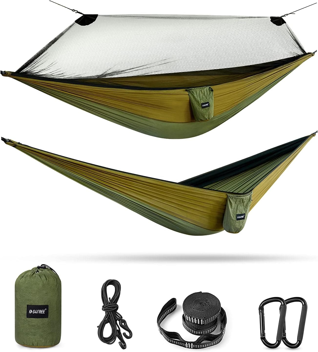 G4Free Large Camping Hammock with Mosquito Net 2 Person Pop-up Parachute Lightweight Hanging Hammocks Tree Straps Swing Hammock Bed for Outdoor Backpacking Backyard Hiking