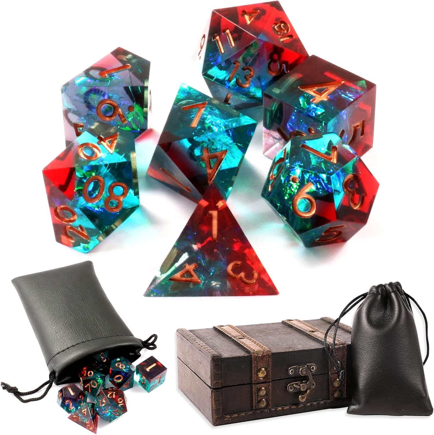 DDFE DND Dice Set 7-Die Polyhedral Resin RPG Dice Set Dice with Beautiful Glitter Inclusions for Dungeons and Dragons RPG MTG Table Games D&D Pathfinder and Teaching,d and d Game Dice with Gift Box