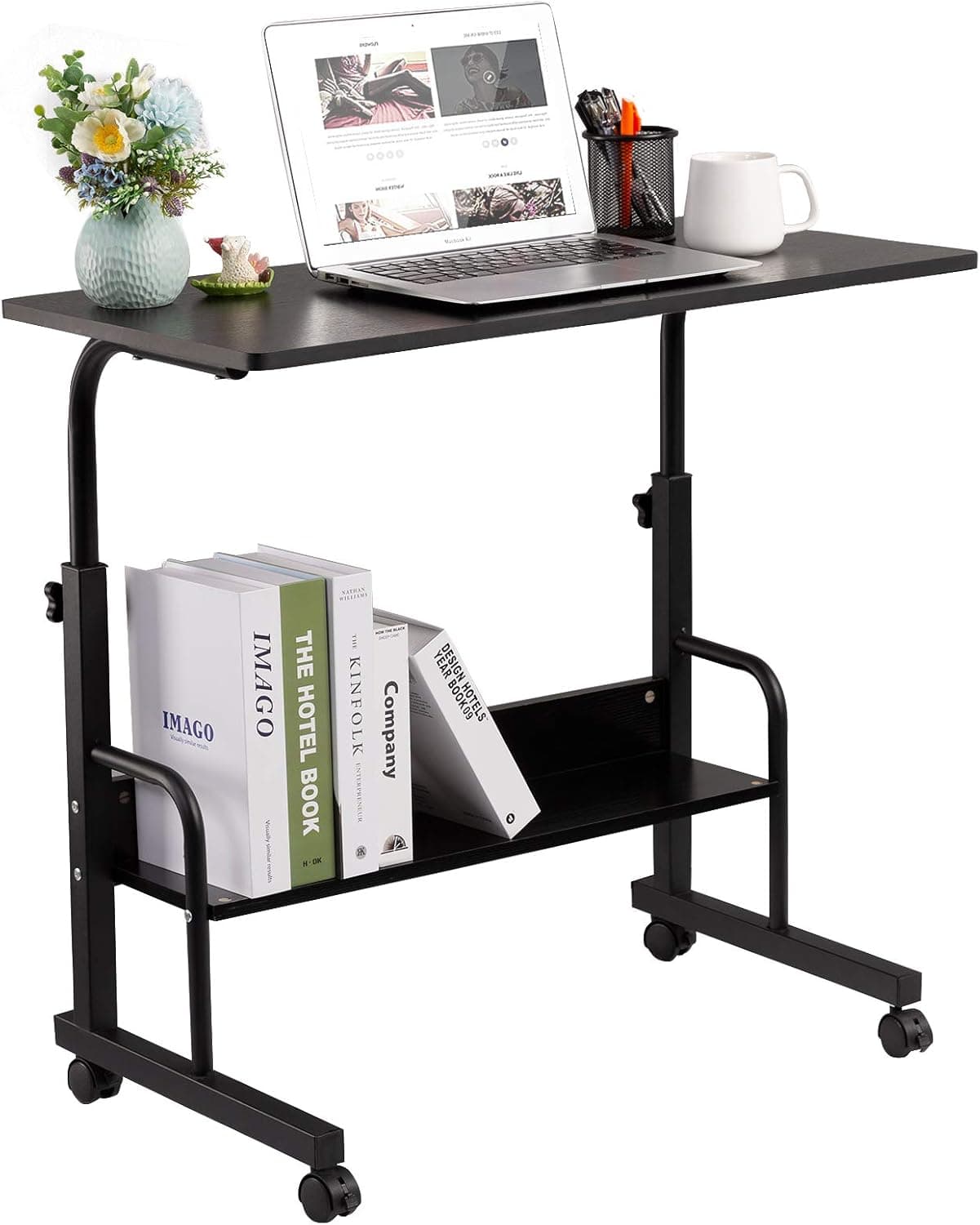 GAJOO Mobile Side Table Mobile Laptop Desk Cart 23.6 Inches Tray Table Adjustable Sofa Side Bed Table Portable Desk with Wheels Student Laptop Desk (Black)