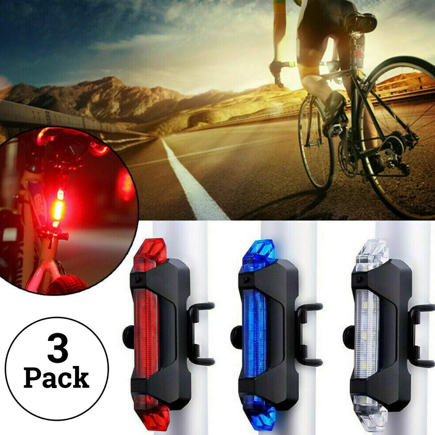 ClipGrip USB Rechargeable Scooter & Bicycle Light Front and Tail Set | 4 Light Mode Options & Water Resistant [3-Pack] (Red&White&Blue)