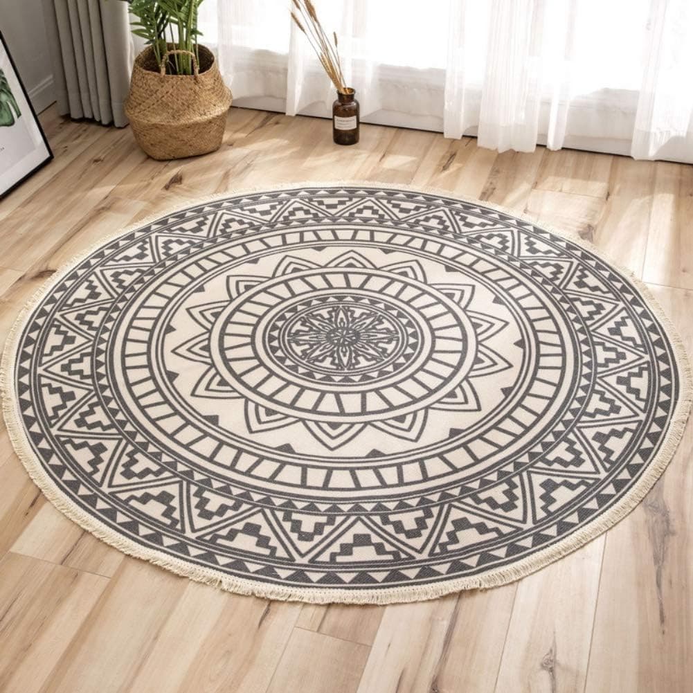 Round Rug Bedroom Rug Bohemian Mandala Circle Area Rug Cotton Hand Woven Table Rug with Tassels Nursery Kids Room Carpets Children Play Mat Round Rug 3 Feet for Home Living Room Coffee Circular Rugs