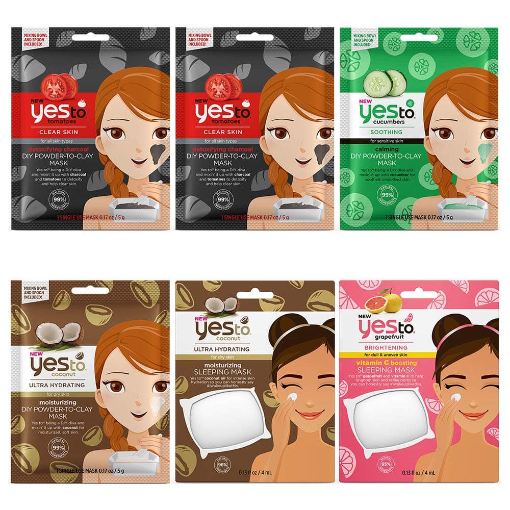 Yes To Natural Facial Masks Variety Pack - Set of 6 (Tomato Charcoal, Coconut, Cucumber and Vit C)