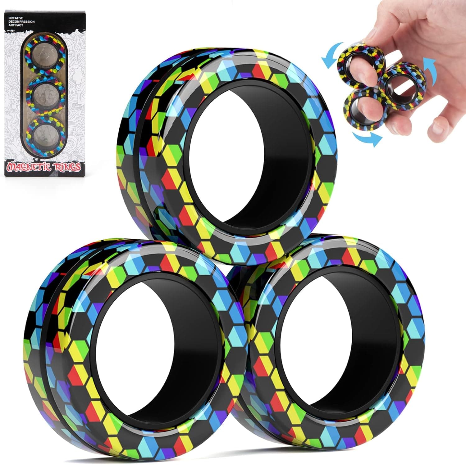 Magnetic Rings Fidget Toy Set, Idea ADHD Fidget Toys, Adult Fidget Magnets Spinner Rings for Anxiety Relief Therapy, Fidget Pack Great Gift for Adults Teens Kids (3PCS)