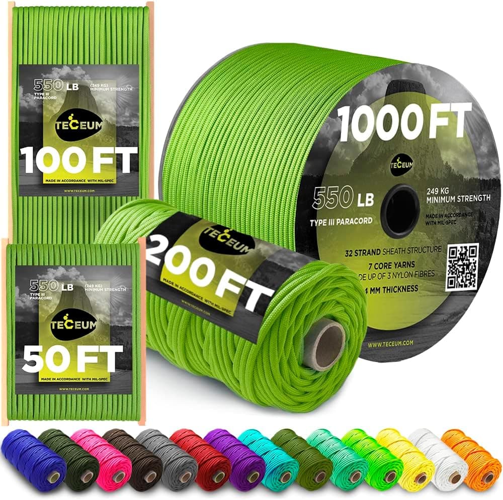 TECEUM Paracord 550 lb – Ideal for Crafting, DIY Projects, Camping, Military & Active Outdoors – 40+ Colors – Tactical Parachute Cord Type III – Strong Survival Rope