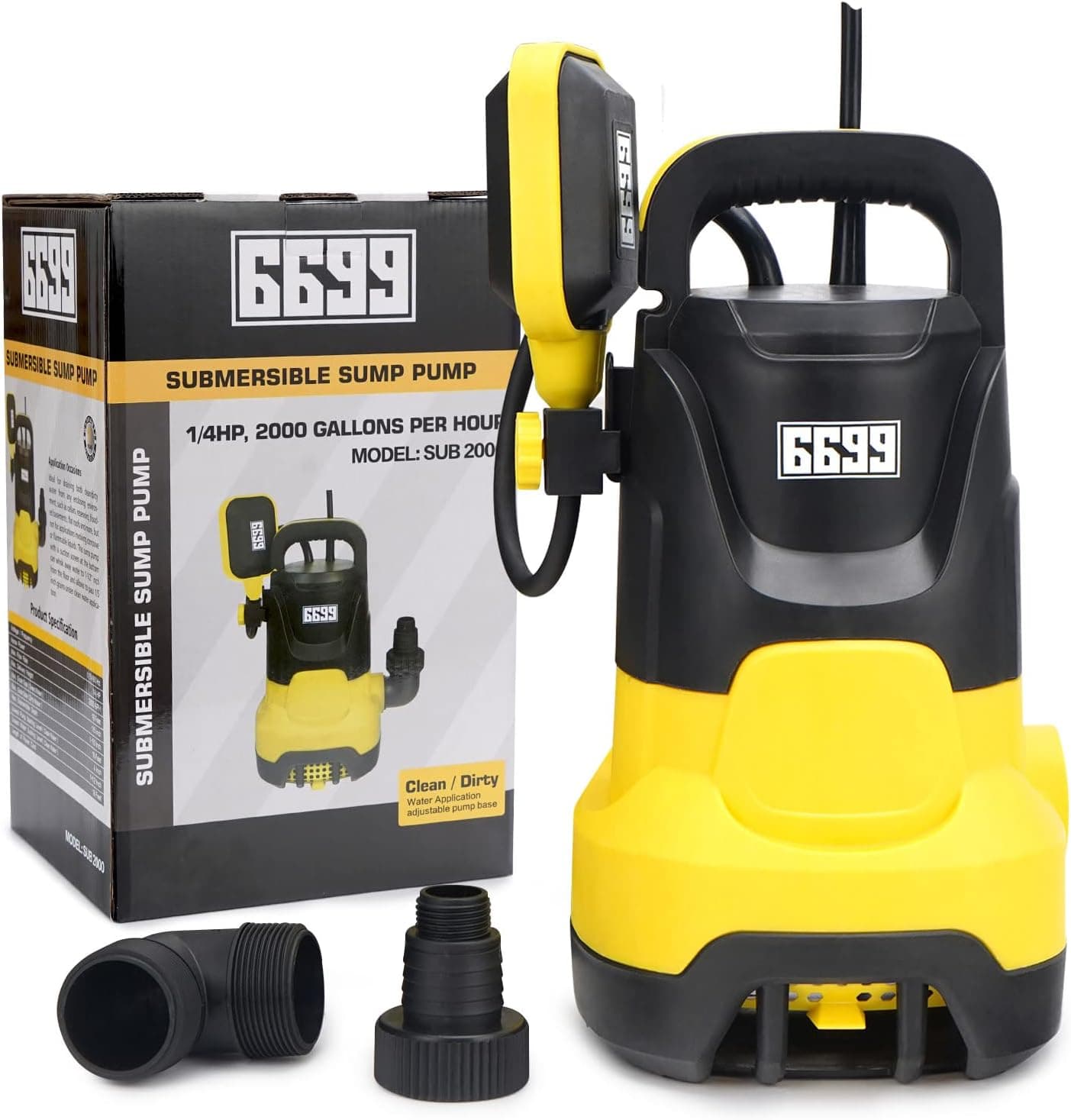 6699 Submersible Water Pump 1/4 HP 2000GPH Sump Pump Thermoplastic Electric Portable Transfer Water Pump with 16-Foot Cord for Pool Tub Garden Pond Draining