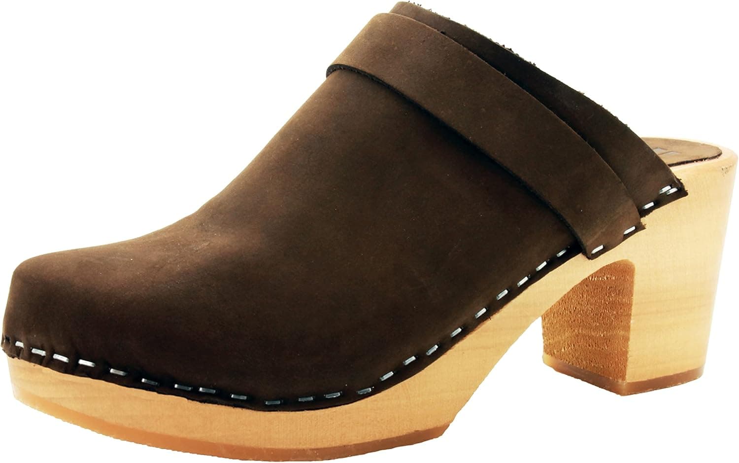 BJORK Swedish Comfort Women's Tia Mid-Heel Wooden Leather Clogs