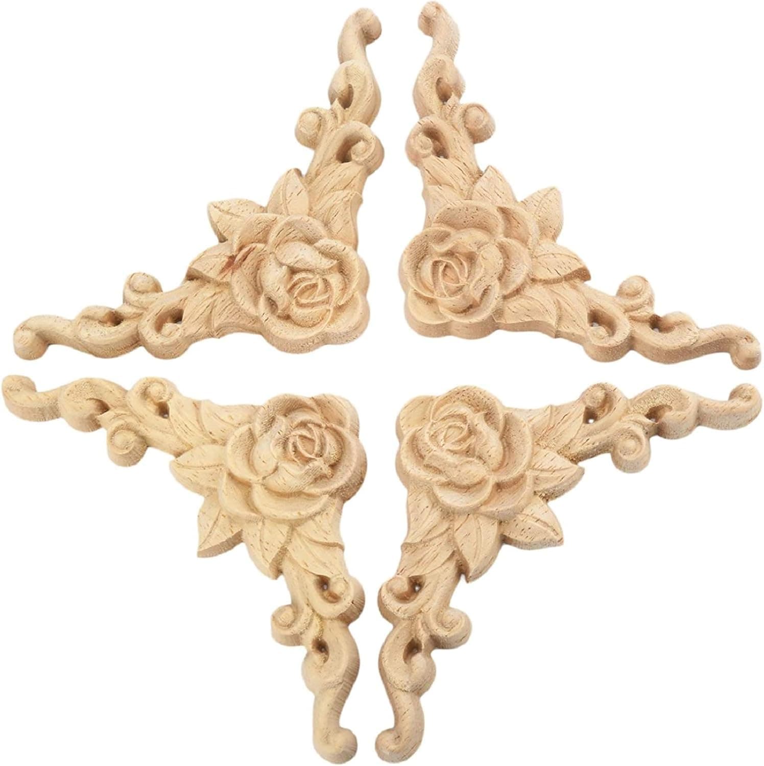 Carved Rose Wood Appliques Onlays, 4-Pack Wooden Rosette Carvings Corner Decals for Mantels Cabinet Mirror Dresser Wall Door Ceiling Doll Bed Furniture Decoration, 8x8cm/3.15x 3.15in