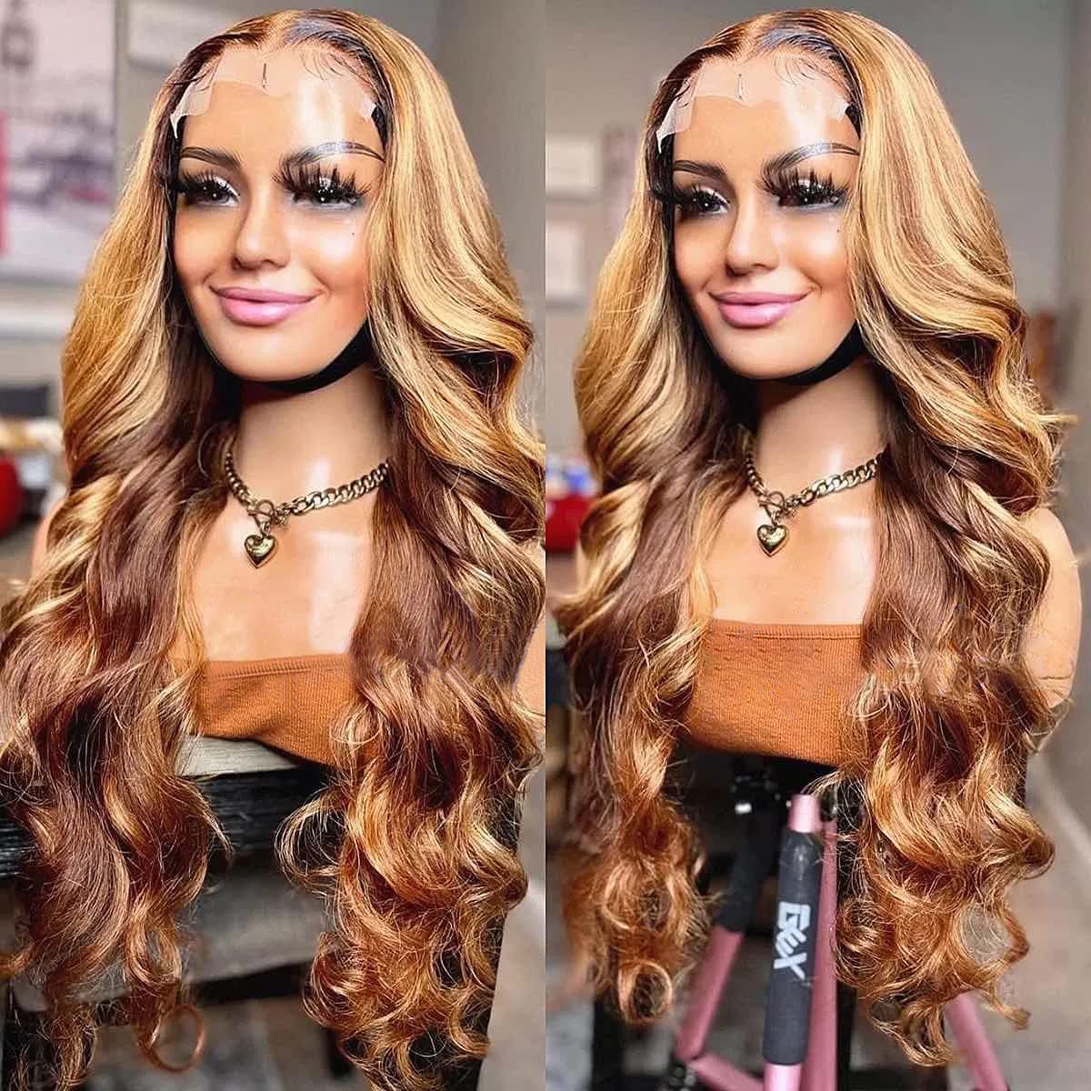 U&A 13x4 Highlight 4/27 Colored Body Wavy Lace Front Wigs Human Hair Brazilian Ombre Lace Front Human Hair Wigs 150% Density Natural Hairline Pre Plucked With Baby Hair (20 Inch)