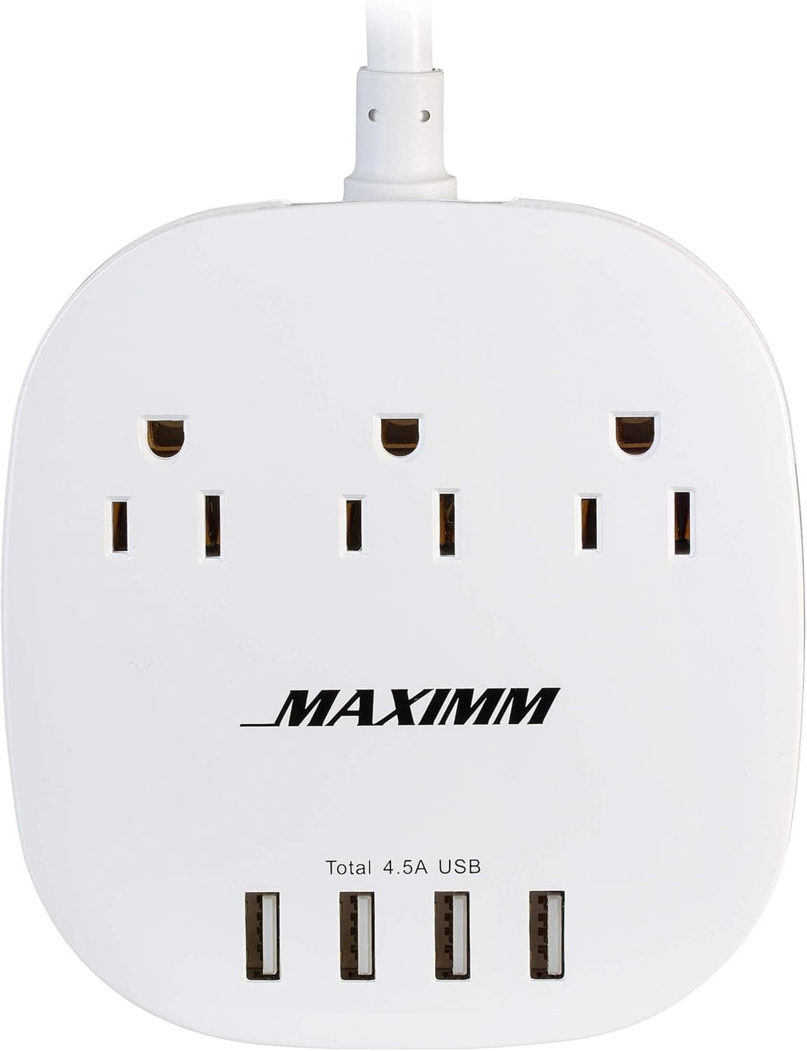 Maximm Desktop Charging Station Hub Flat Power Strip, 3 AC Outlets + 4 Smart USB Charging Ports 4.5A w/ 6.5 ft. Long Extension Cord - ETL Listed, White