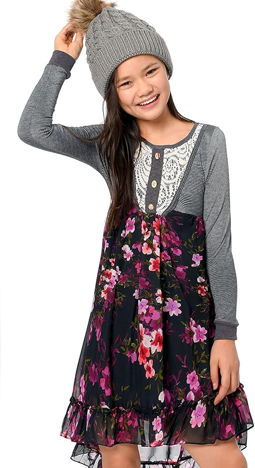 Truly Me, Girls' Long Sleeve Printed Above Knee Dresses, Size 7-16