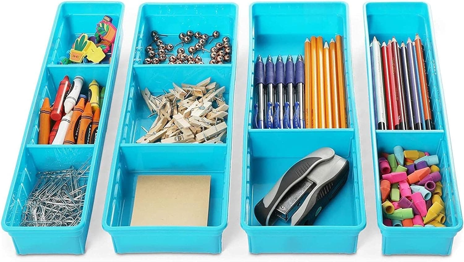 Adjustable Drawer Organizers, Plastic Desk Storage Bins (Blue, 4 Pack)