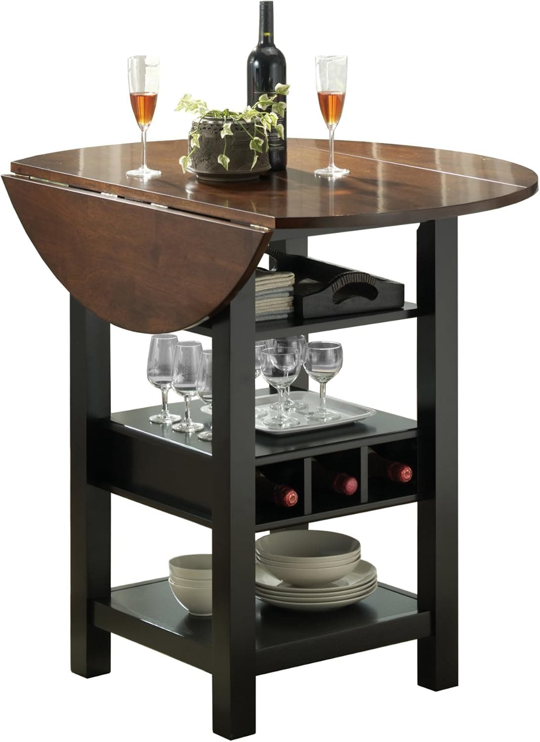 Bernards Ridgewood Drop Leaf with Wine Rack Table, Black and Mahogany Finish