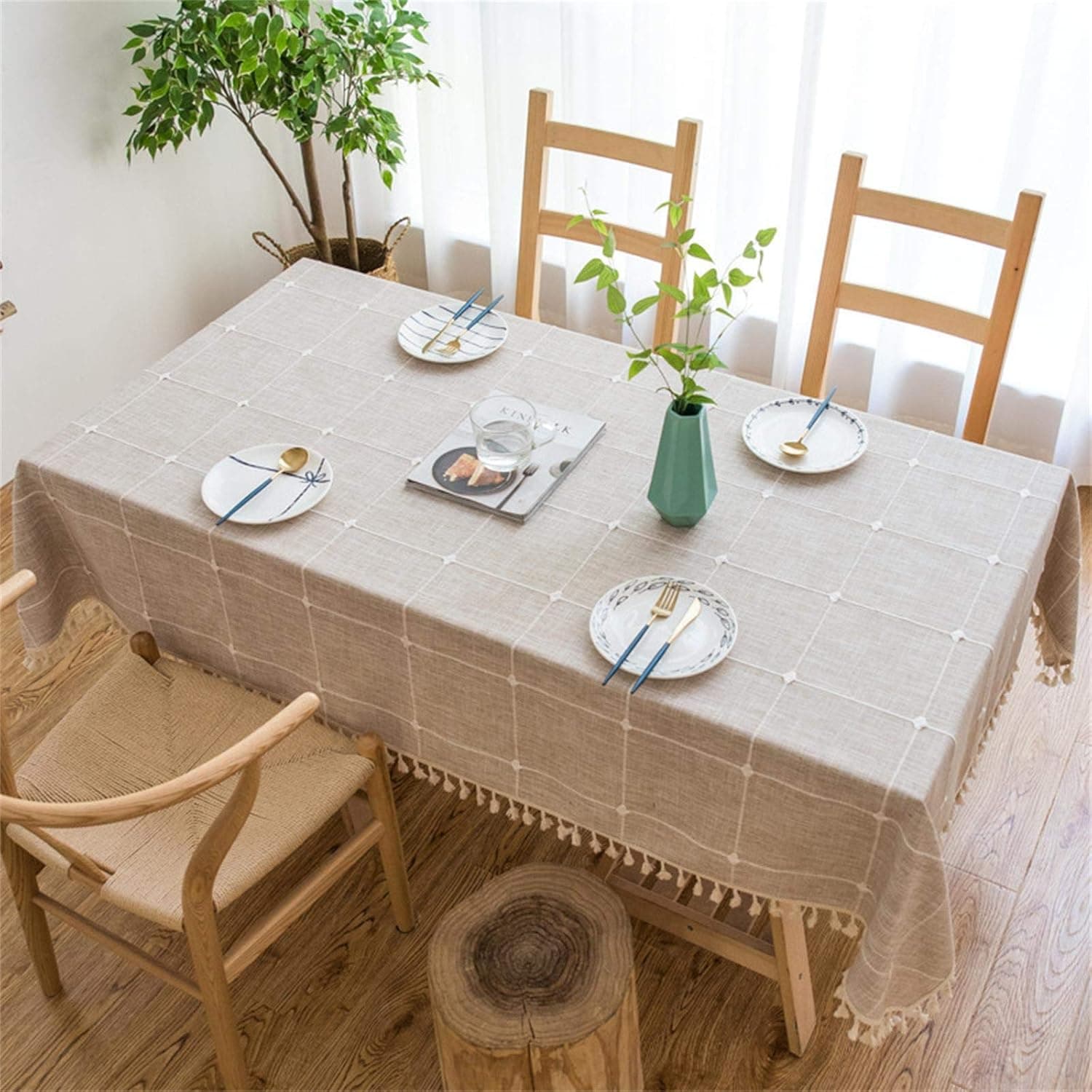 Vonabem Table Cloth Tassel Cotton Linen Table Cover for Kitchen Dinning Wrinkle Free Table Cloths Rectangle/Oblong (58''x70'', 4-6 Seats, Light Brown)
