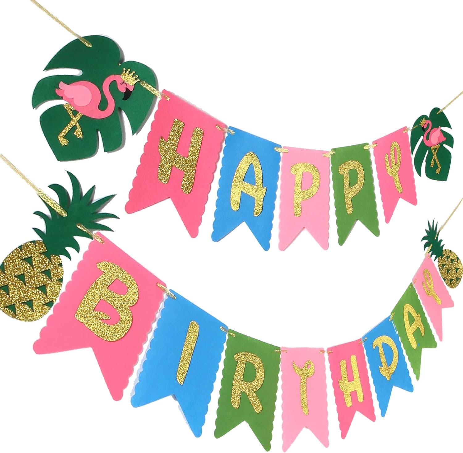 Hawaiian Birthday Party Decoration for Luau Summer Pool Party Glitter Gold Birthday Banner for Aloha Party Coconut Palm and Beach Party Happy Birthday Banner Photography Props