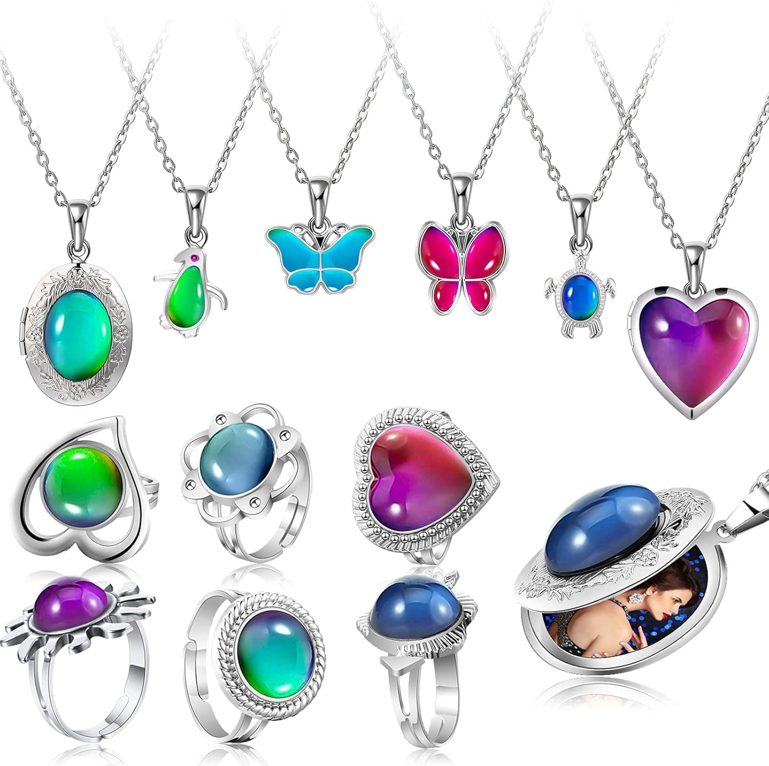 Junkin 12 Pieces Mood Rings and Mood Locket Necklace for Girls Women, Adjustable Color Changing Mood Rings Turtle Butterfly Heart Necklace for Valentine's Day Christmas Birthday Party Favors
