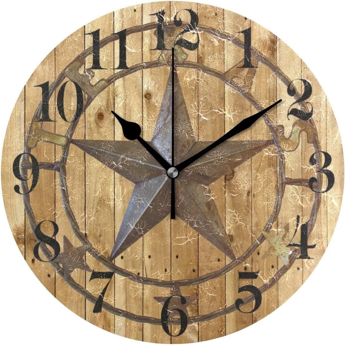 Nugier Texas Star Round Wall Clock Silent Non Ticking Custom Acrylic Painted Easy to Read Non-Ticking Home Art Bedroom Living Dorm Room Decor 9.45"x9.45"