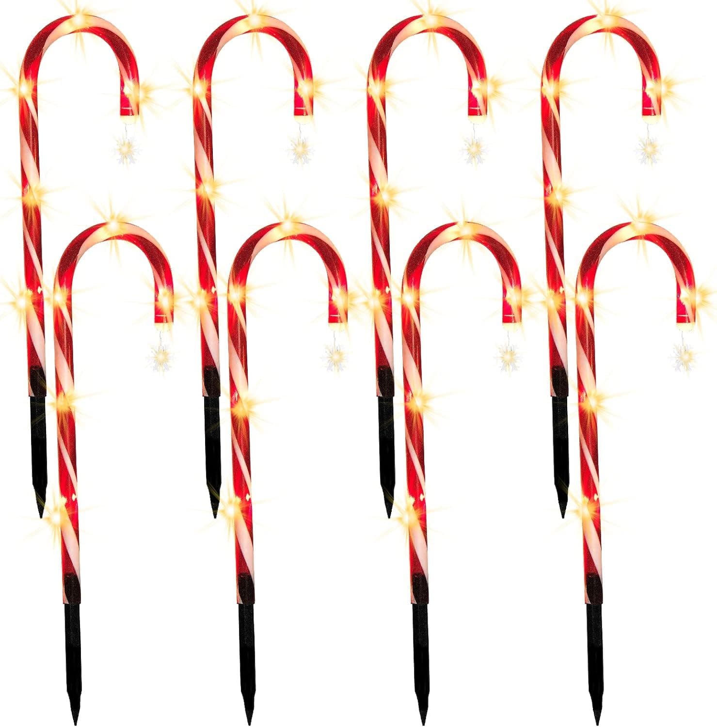 8Pack Solar Christmas Candy Cane Lights Snowflake Outdoor Pathway Driveway Markers Decoration Red and White Xmas Home Indoor Yard Lawn Decor