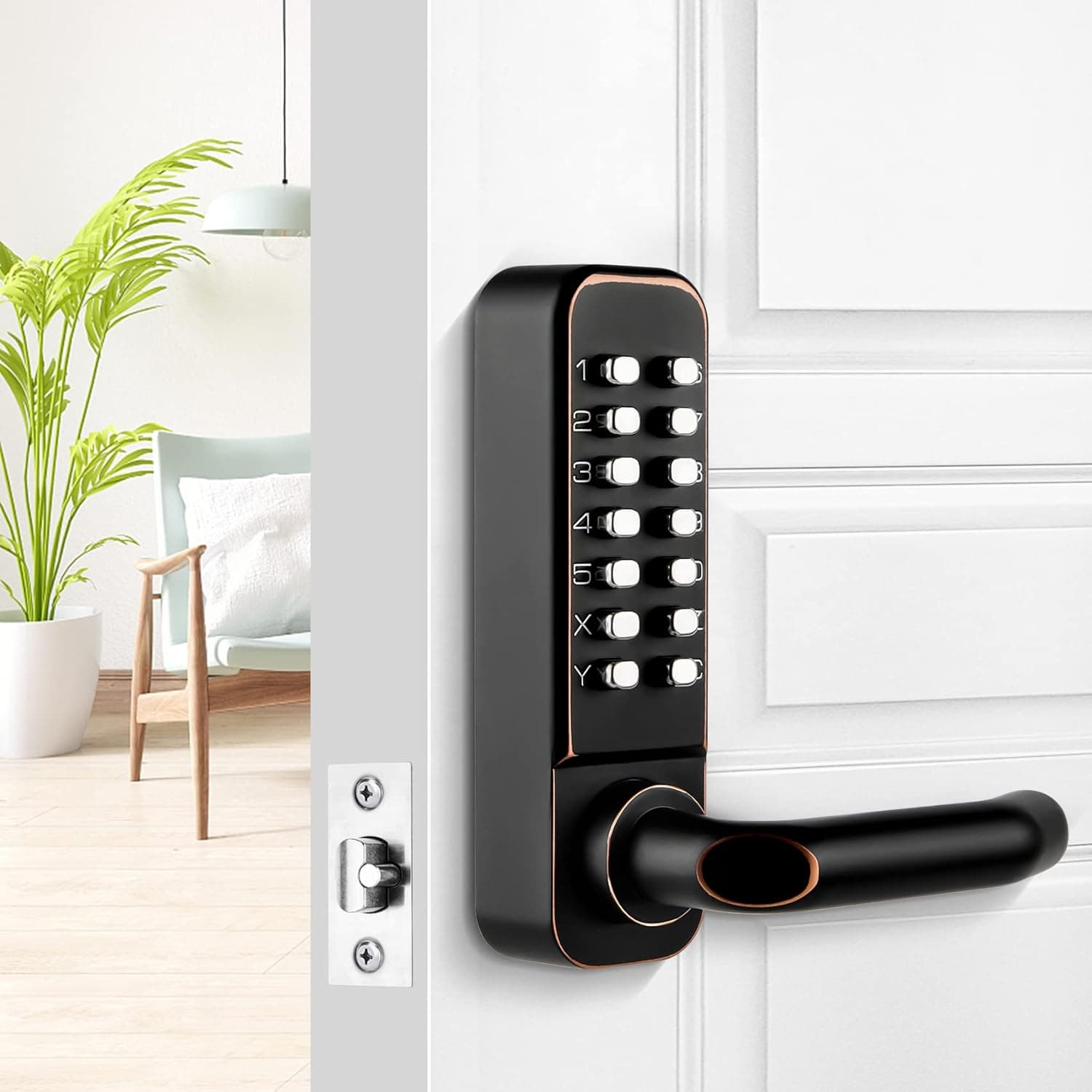 CODACE Mechanical Keyless Entry Door Lock, Keypad Door Lock with Lever Handle, Combination Front Door Lock Handle Set, Keyless Gate Lock for Outdoor Fence, Not Keypad Deadbolt Lock, Auto Lock, Black
