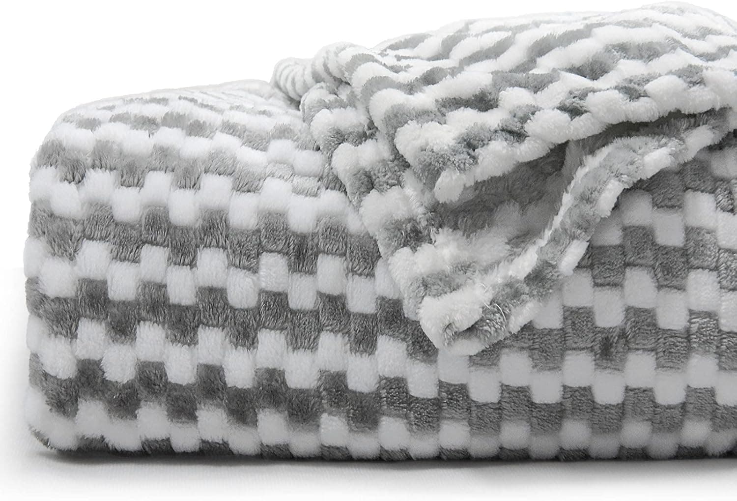 Fleece Blanket Grey and White Flannel Plush Throw Striped Jacquard Weave Blanket Lightweight Super Soft Cozy 300GSM Luxury Bed Blanket and Throw 30 x 40 Warm Blanket for Chair Couch Bed
