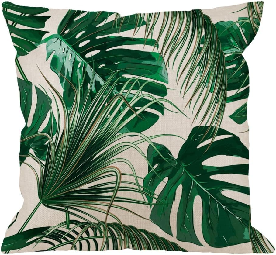 HGOD DESIGNS Palm Leaf Decorative Throw Pillow Cover Case,Palm Tree Cotton Linen Outdoor Pillow Cases Square Standard Cushion Covers for Sofa Couch Bed 18x18 inch Green