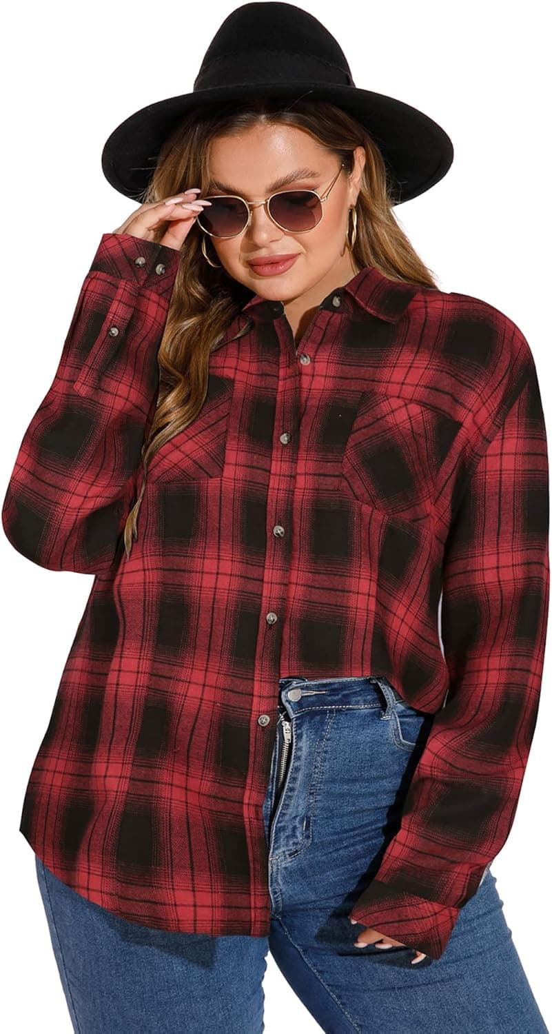 LALAGEN Womens Plus Size Plaid Flannel Shirt Casual Loose Long Sleeve Button Down Shirts Blouse Tops Red 3XL