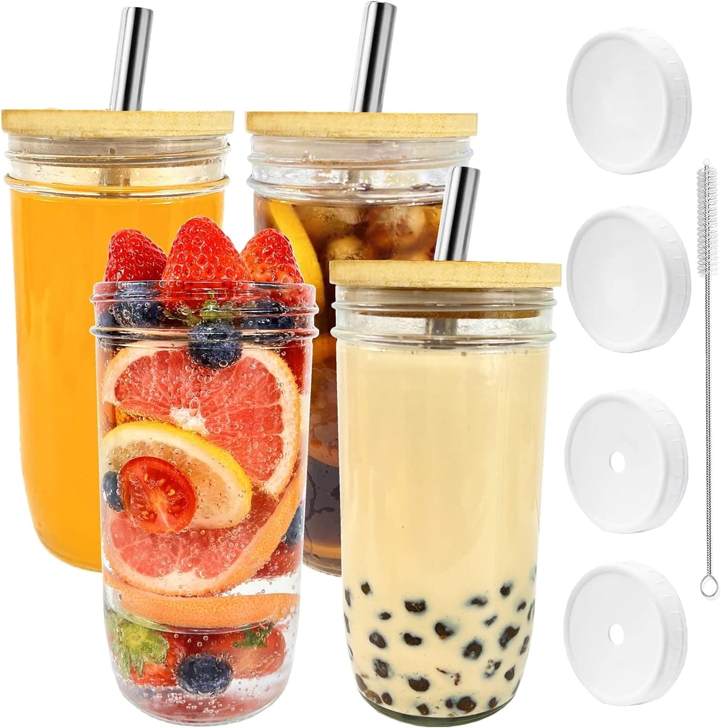 4 Pack Glass Cups with Lids and Straws, 24oz Boba Cup Iced Coffee Cups with Bamboo Lids, Glass Tumbler with 4 Straws and 8 Lids, Glass Juice Bottles for Juicing, Bubble Tea, smoothie,coffee, Pearl Tea