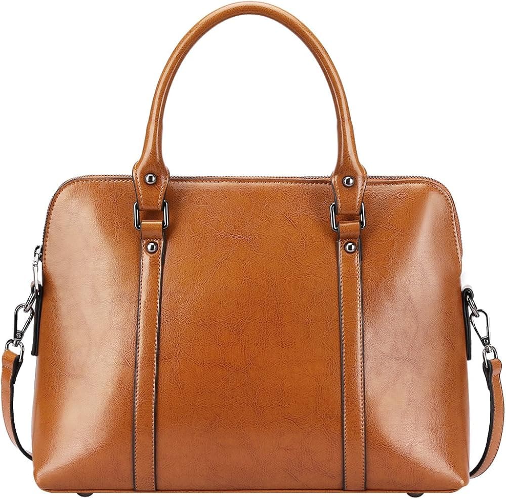 S-ZONE Women's Genuine Leather Handbag Slim 14 inch Laptop Briefcase Purse Shoulder Bags Tote Bag (Brown)