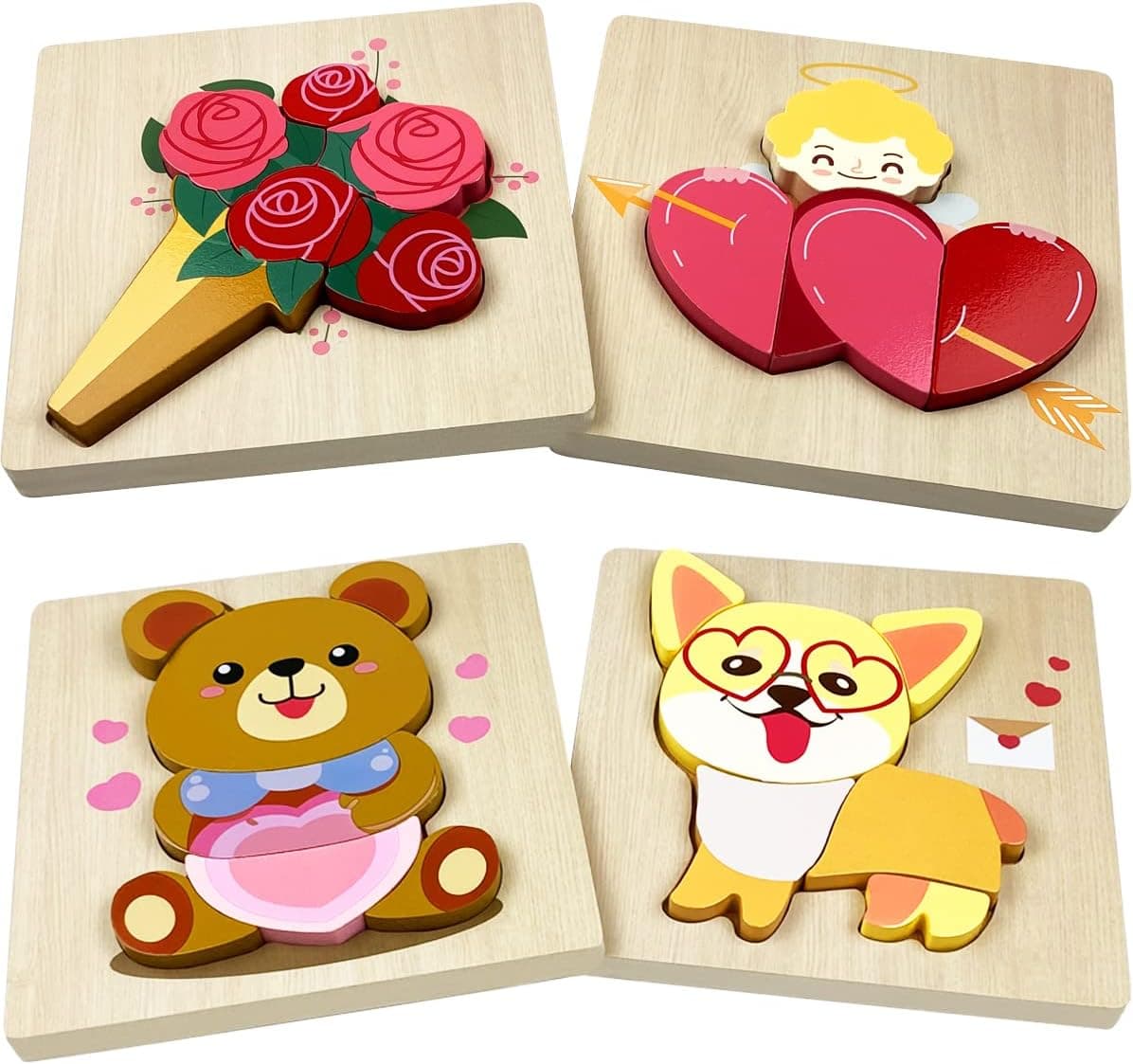 Anditoy 4 Pack Valentines Day Wooden Puzzles for Kids Toddlers Valentines Gifts Party Favors