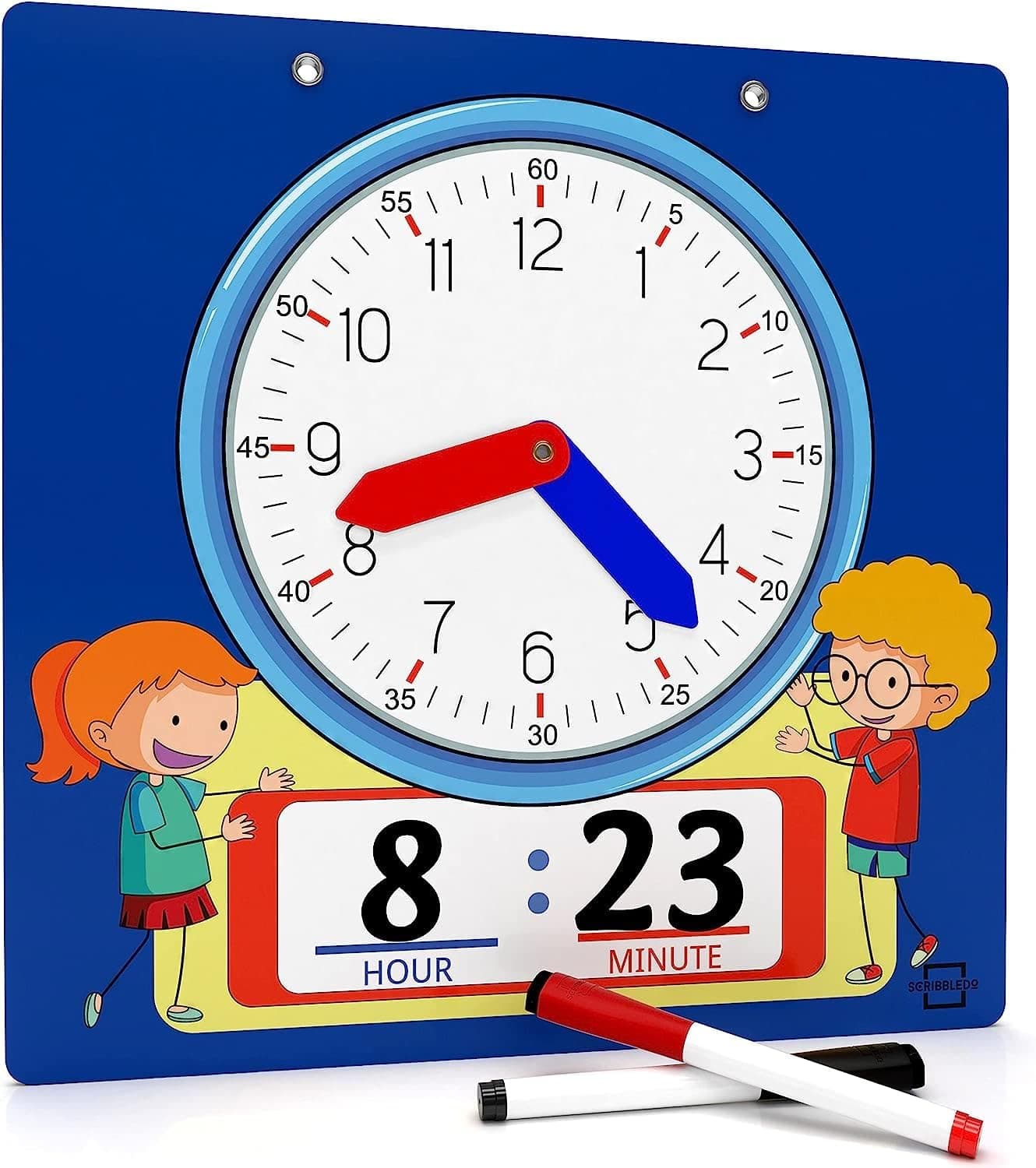 Scribbledo Writable Dry Erase Learning Clock for Kids Write & Wipe Demonstration Clock for Kids Learning to Tell Time Classrooms and Homeschool Supplies