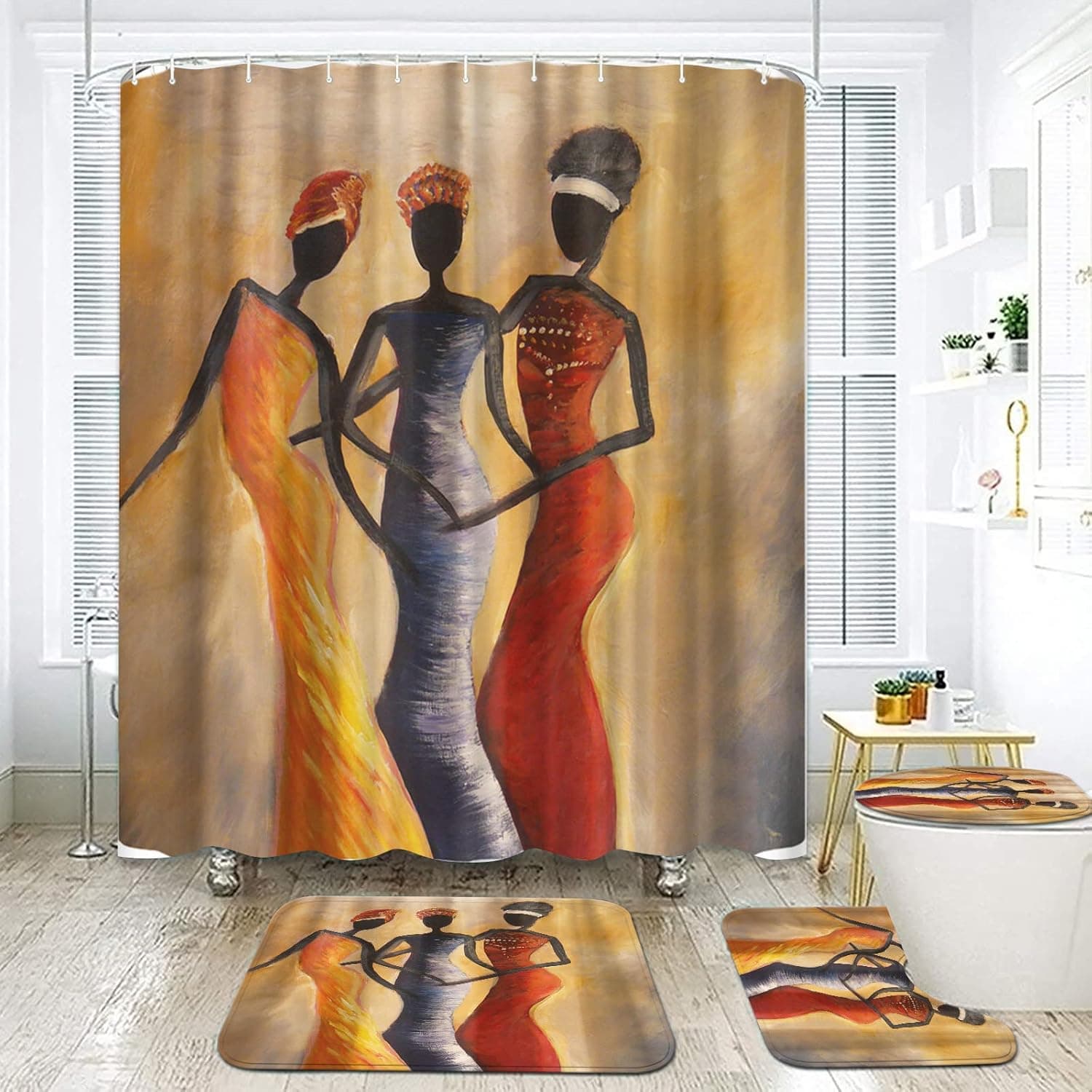 FuShvre African Bathroom Curtains Shower Set 4 Pieces Black Woman Shower Curtain Set with Non-Slip Rug Toilet Lid Cover Bath Mat Burnt Orange Painting Fabric Bathroom Decor Retro Style