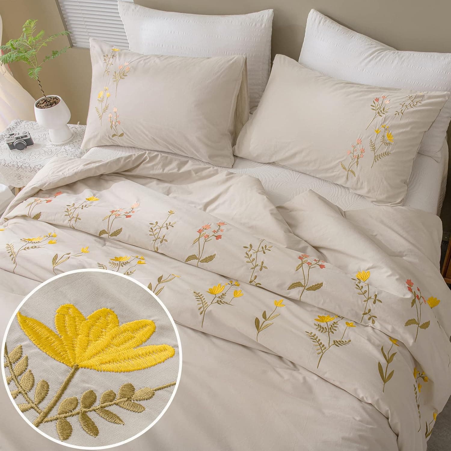 Move Over Cream Comforter Set Cotton Queen Size Comforter Set Yellow Flower Embroidered Design Bedding Set Country Style Spring Flower Comforter Set 3 Pieces (Queen, Beige Gray)
