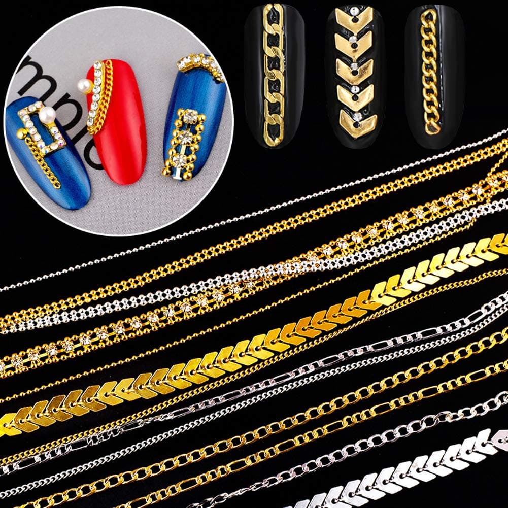 Nail Chains 3D Nail Art Supplies Glitter Nail Decorations Gold Silver Nail Charms 13 Strips Metal Nails Accessories Chain Punk Beads Studs Nail Designs for Women Manicure Tips Decor