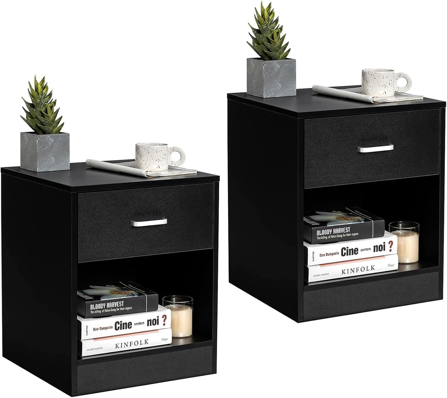 Giantex Set of 2 Nightstand w/Drawer, 2-Tier Wooden Bedside Table, Modern Sofa Side Table, Nightstand Chest Sofa Couch w/Open Storage Cabinet, End Table for Bedroom Living Room Home Office (2, Black)