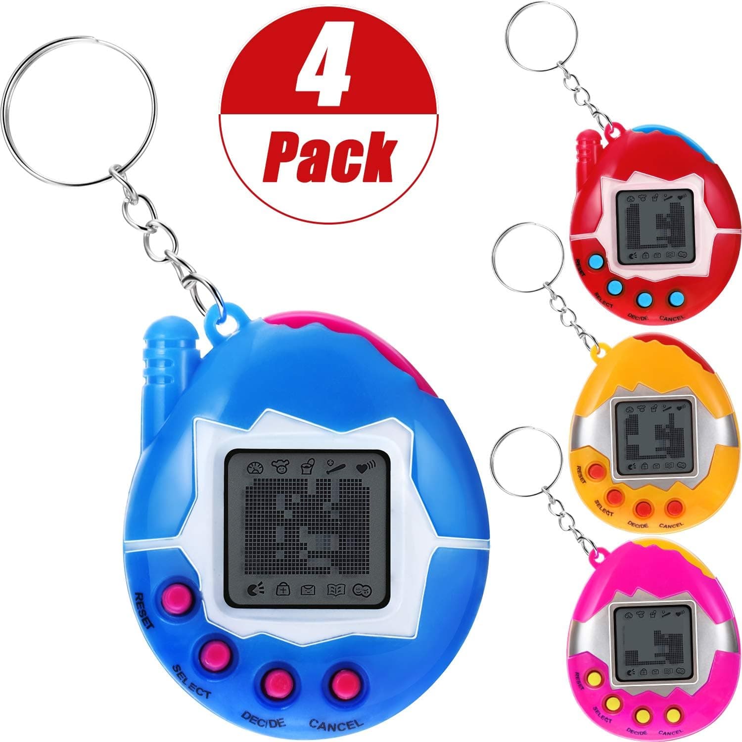 Gejoy 4 Pieces Virtual Pet Keychain Electronic Pets Keychain Digital Pets Keychain Electronic Digital Pet Game Keyring, Red, Pink, Yellow, Blue