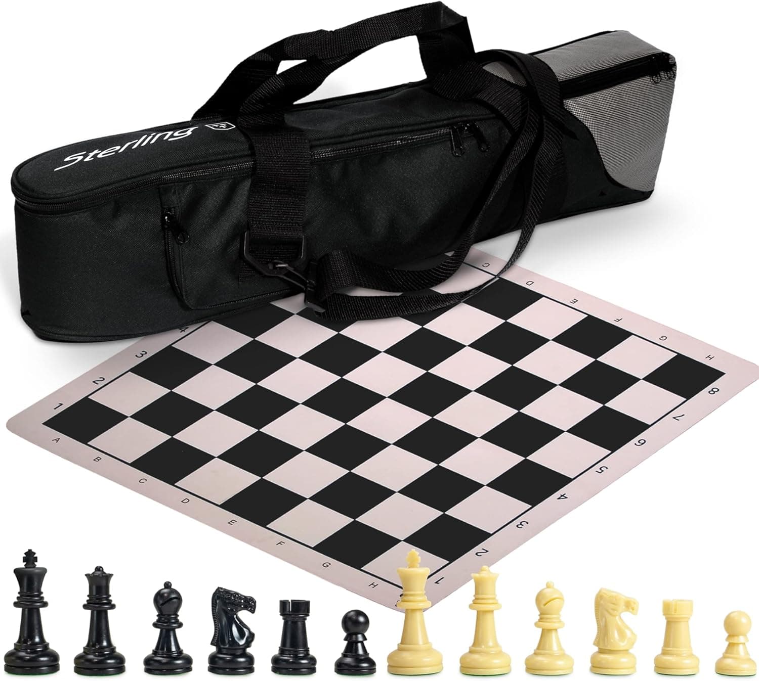 Sterling Games Complete Premium Chess Set with Chess Bag, Roll Up Chess Mat and Chess Pieces, 32 Single Weighted Tournament Chess Pieces, Black Vinyl Travel Chess Mat
