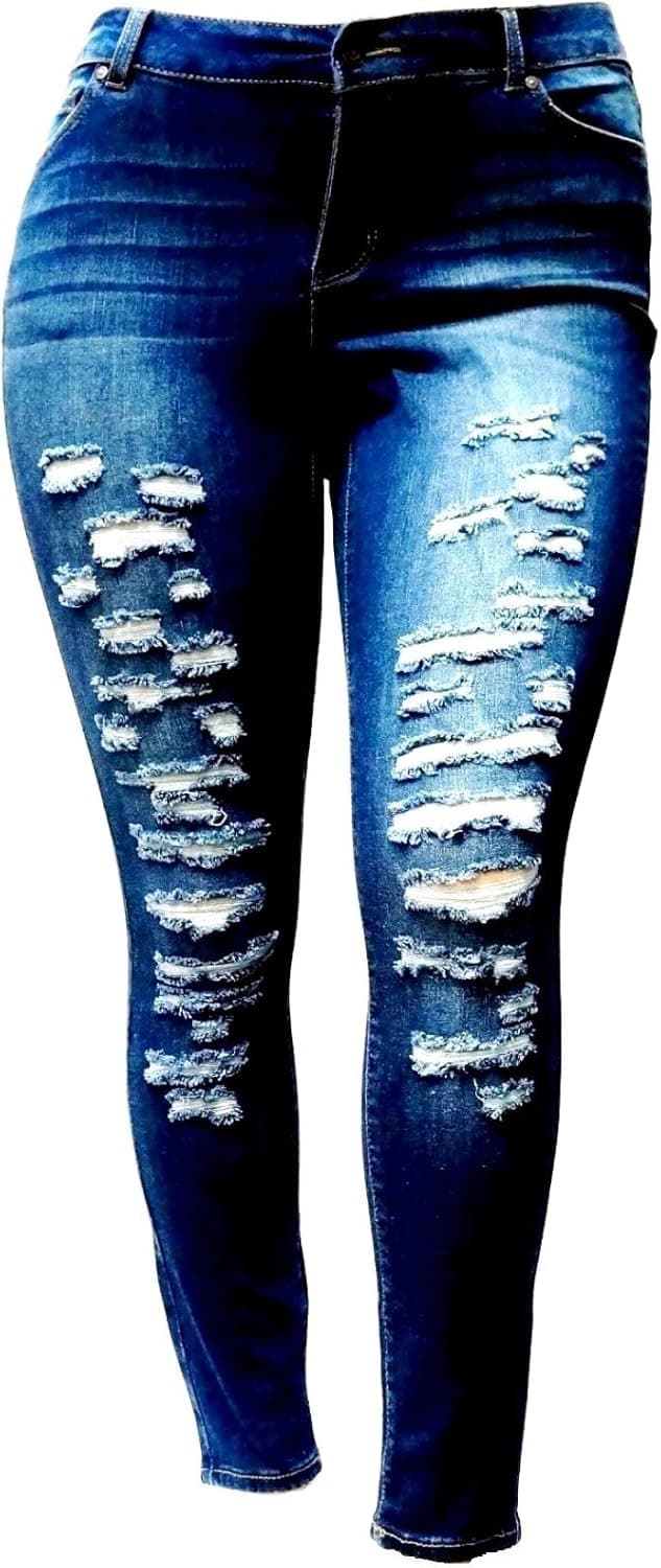 Jack David Womens Plus Size Ankle Skinny Basic Denim Jeans Ripped Distressed Strech Pants