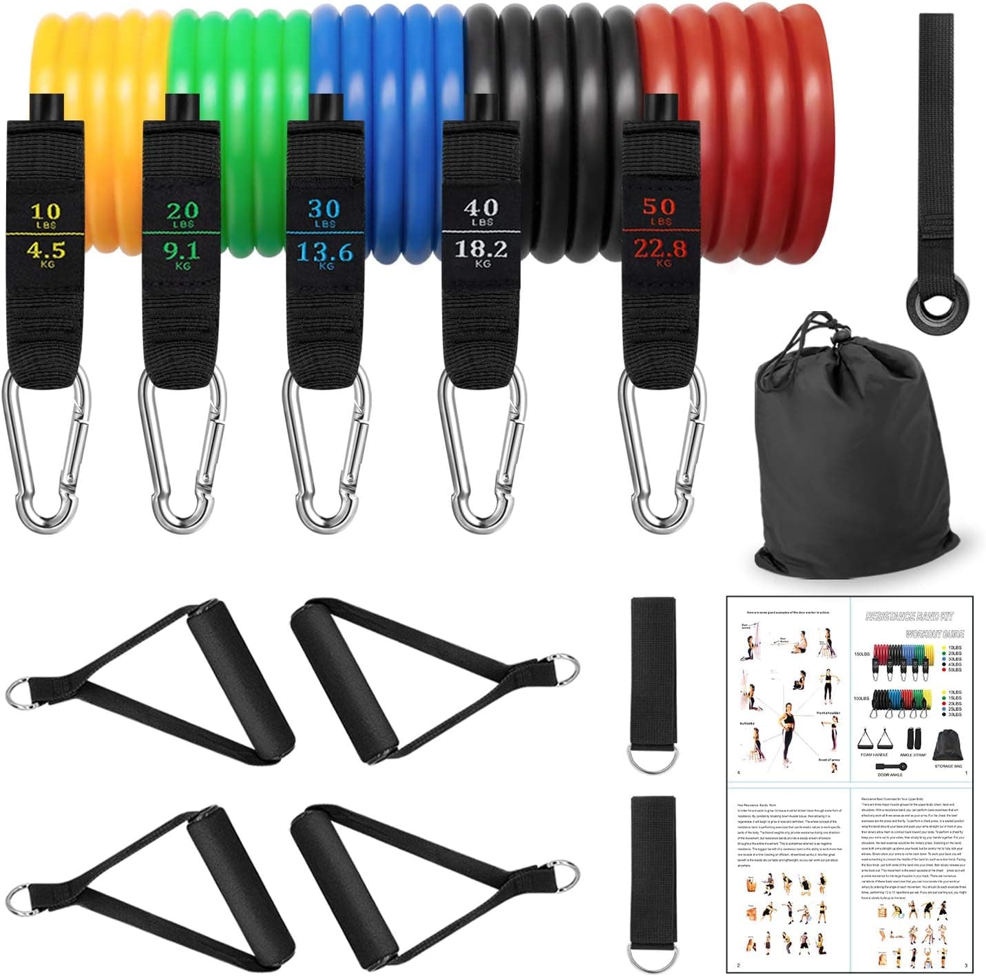 Exercise Resistance Bands with Extra Pair of Handles, ABCOOL 13in1 Workout Fitness Equipment, Ankle Straps Door Anchor Carrying Bag Stackable to 150 lbs, Training Physical Therapy Home Yoga Pilates