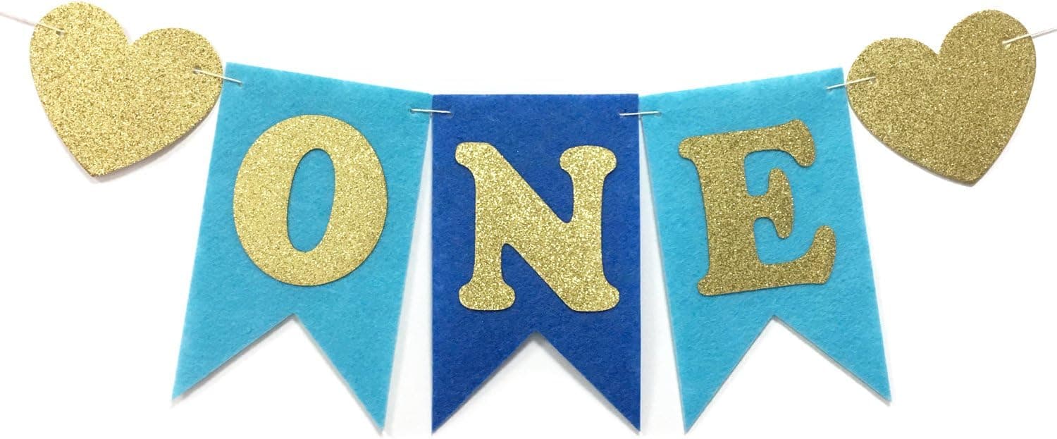 Honbay Baby 1st Birthday Party Decorations, Glitter Gold Letter Felt Banner for High Chair or Wall, Blue