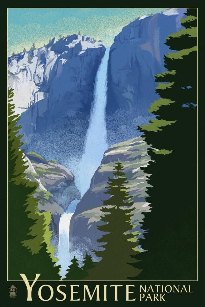 Lantern Press Yosemite National Park, California, Yosemite Falls, Lithography (12x18 Wall Art Poster, Room Decor)