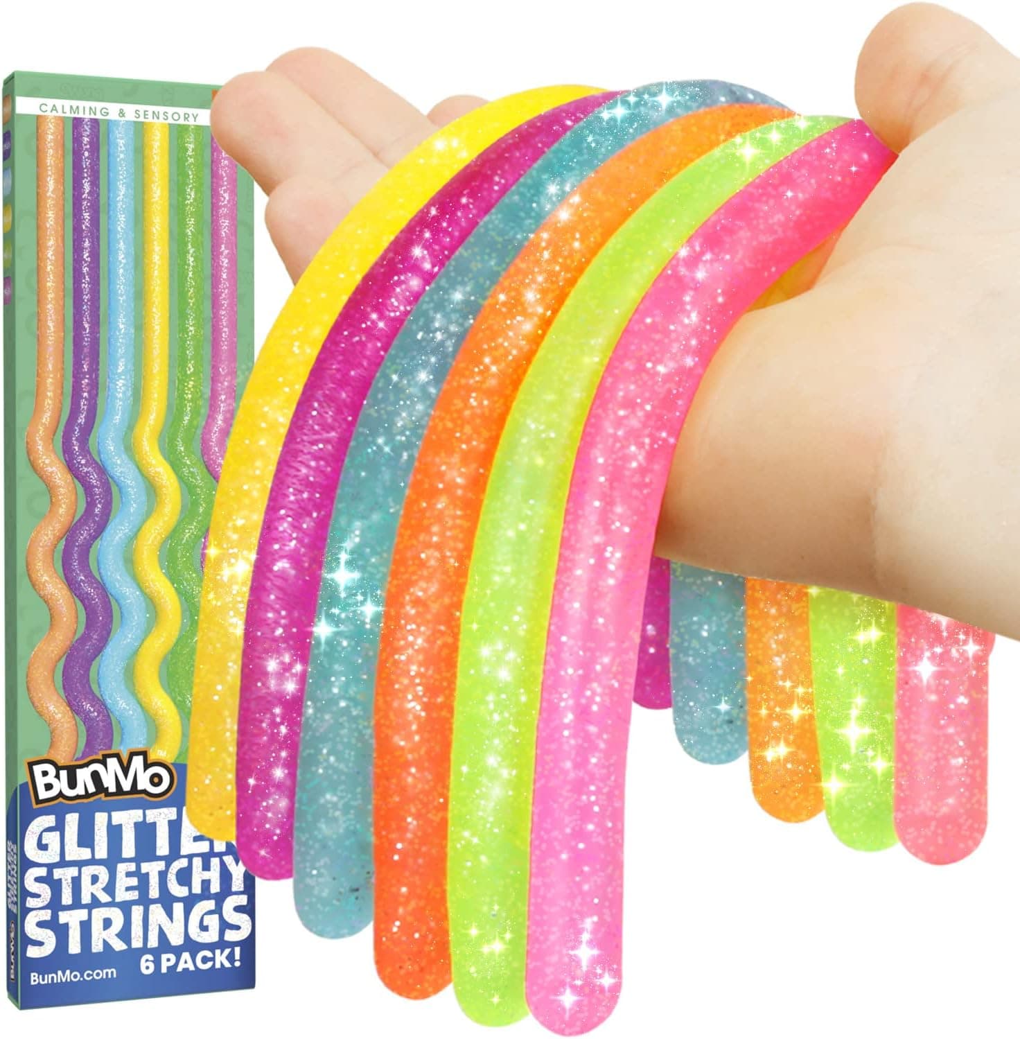 BunMo Glitter Stretchy Strings 6pk | Perfect Sensory Toys for Anxiety & Stress | Calming Monkey Stretch Noodles | Focus & Stimulation | Great Kids Party Favors | Hours of Fun for Kids