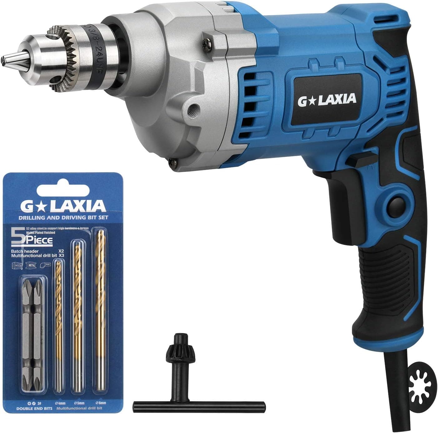 G LAXIA Professional 6A 3/8-Inch Corded Drill, Variable Speed 0-3200RPM, 6.56Ft/2m Cord, Aluminum Gear Case, Rubberized Grip, F/R and Lock-On Button，with 2 Screwdriver Bit,3 Drill Bit and 1 Chuck Key