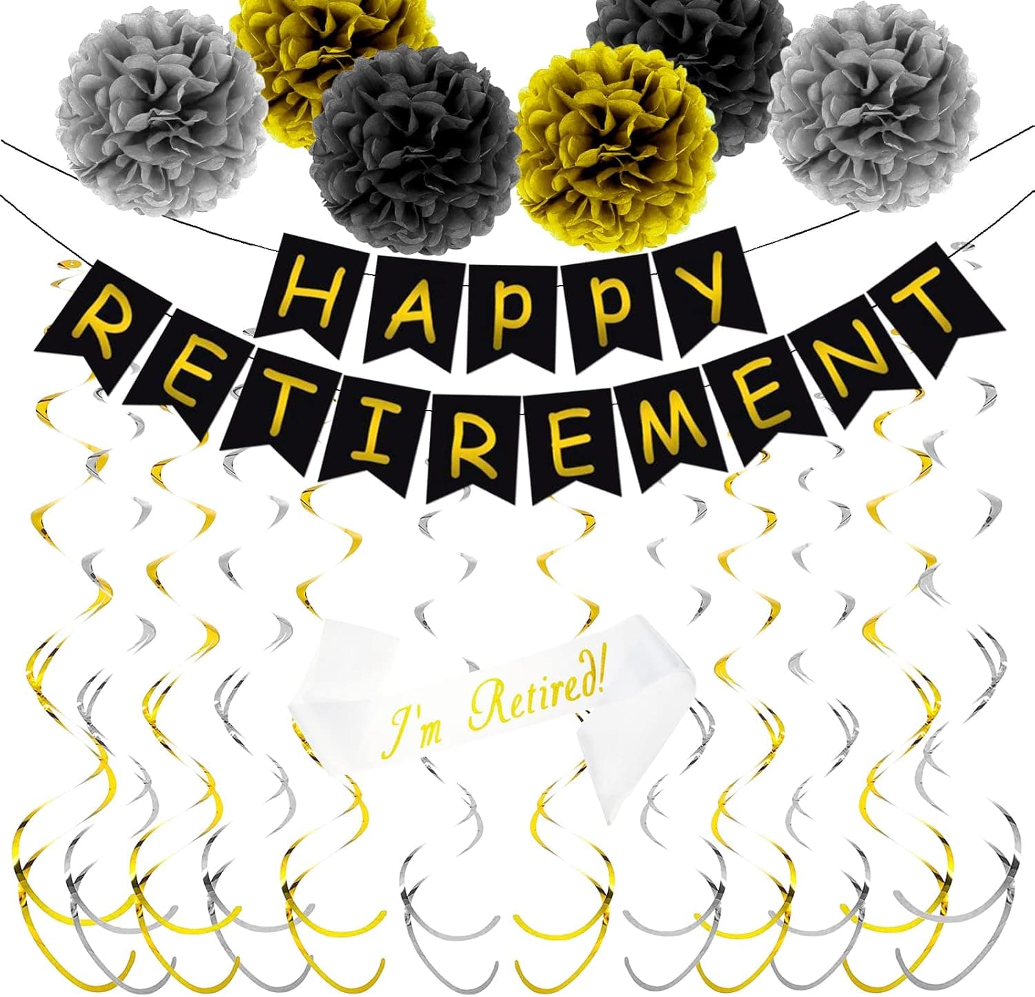Retirement Party Decorations, Black and Gold Retirement Decorations with Happy Retirement Banner Retired Sash Paper Pom Pom Hanging Swirl, Retirement Party Supplies for Men and Women