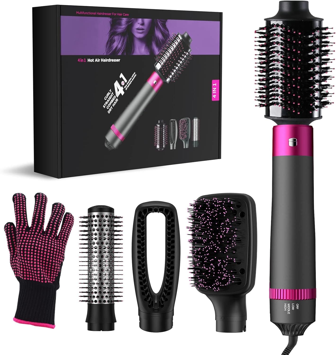 Hair Dryer Brush 4 in 1 Blow Dryer Brush Negative Ionic Hot Air Brush Kit Hair Dryer & Volumizer with 4 Detachable Brush Heads for Straightening Curling Styling