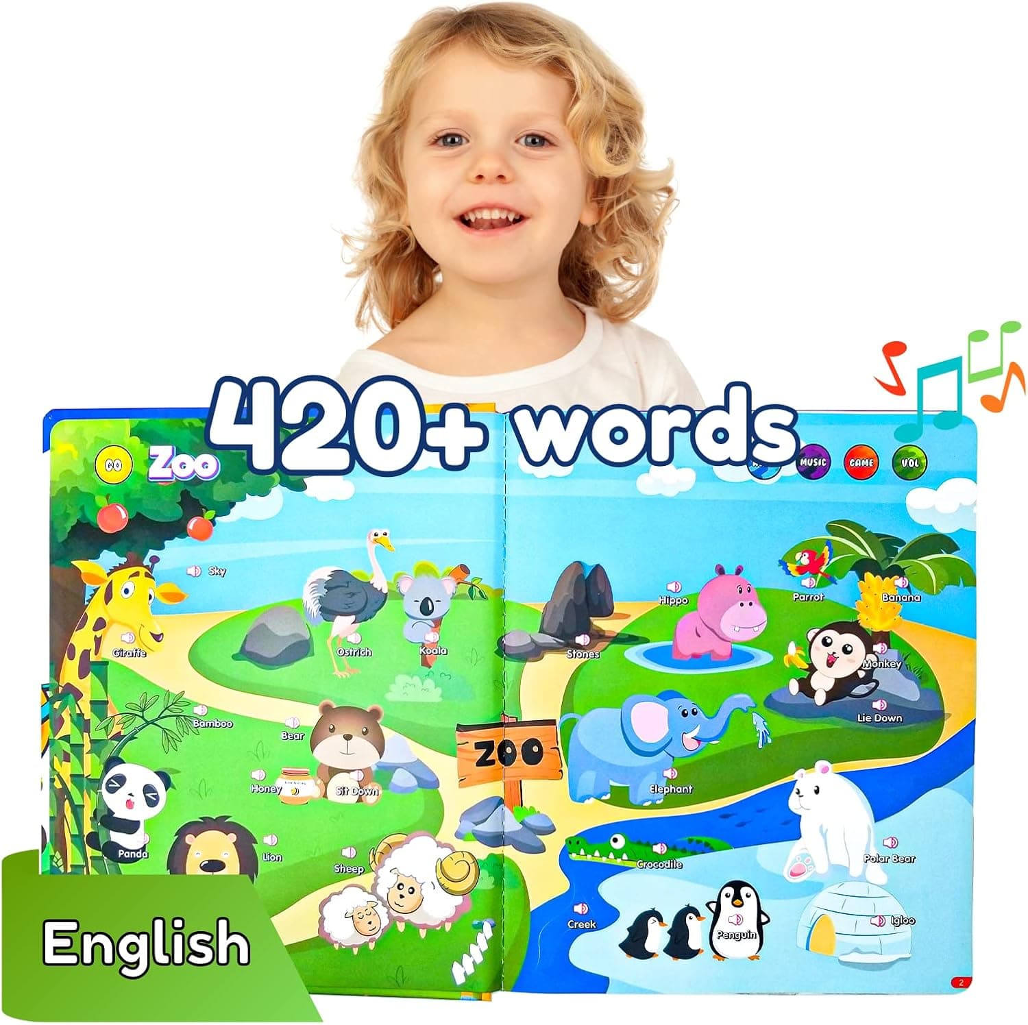 ZEENKIND English Interactive Books, Speak and Say Learning 420 Words Sound Book for Children, Talking Books for Kids 3-6, Electronic Books for Toddlers, See and Say Toys, Baby Learning Toy with Music