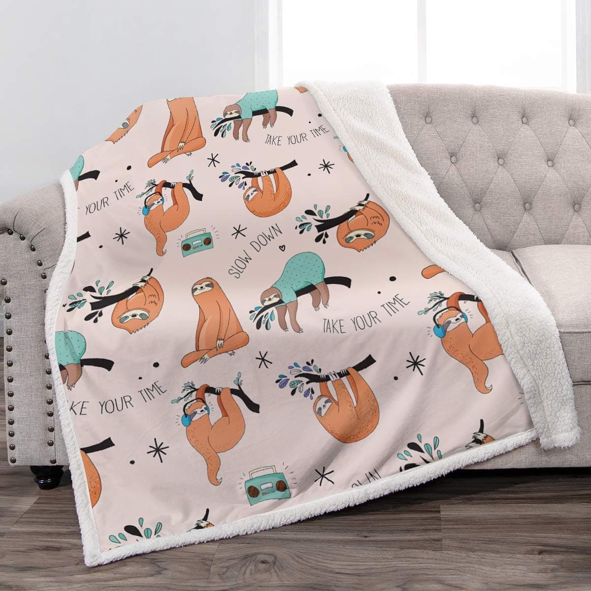 Jekeno Sloth Sherpa Throw Blanket Smooth and Soft Blanket for Sofa Chair Bed Office Travelling Camping 50"x60"