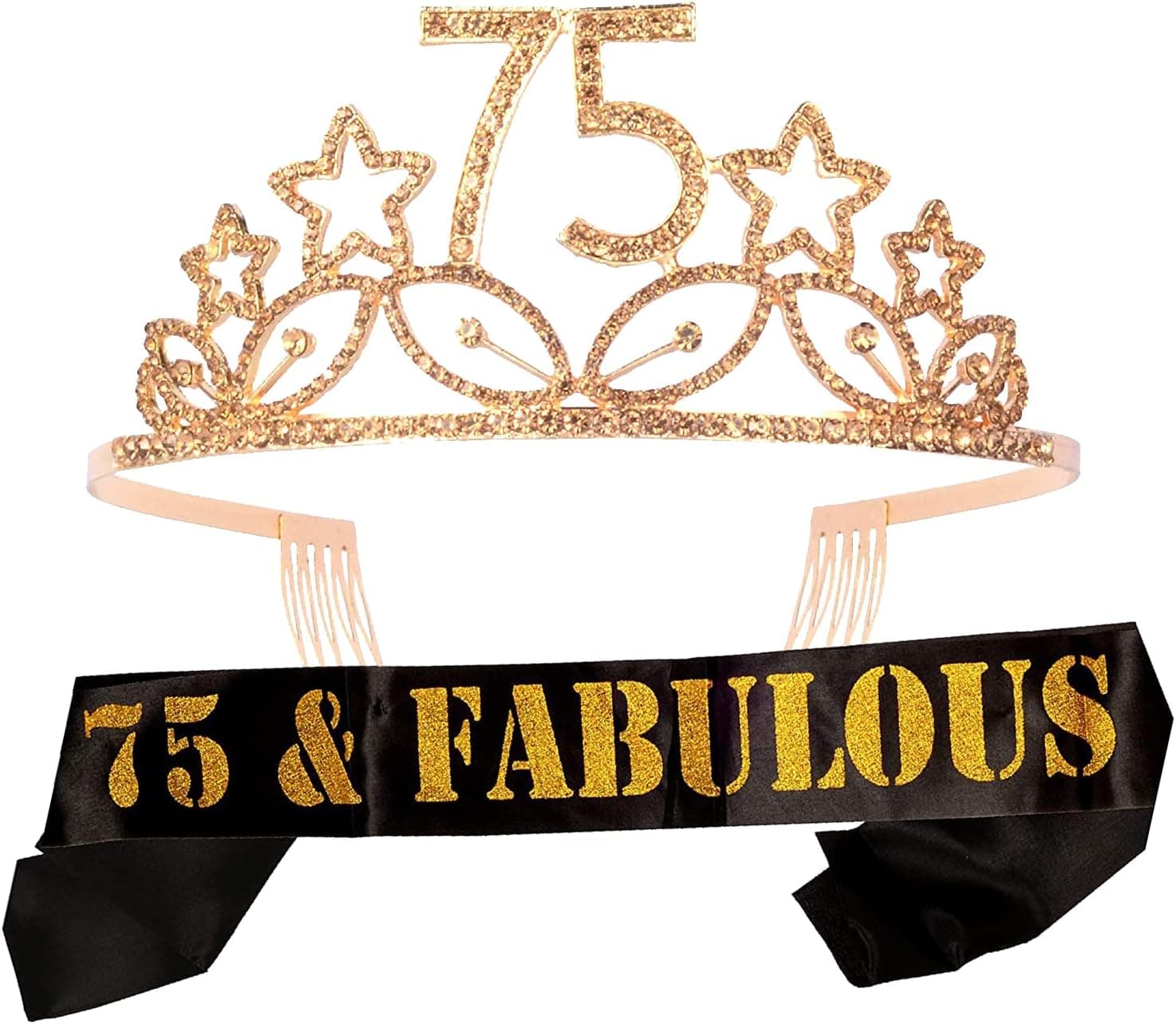 MEANT2TOBE 75th Birthday Sash and Tiara for Women - Fabulous Glitter Sash + Stars Rhinestone Gold Premium Metal Tiara for Her, 75th Birthday Gifts for 75 Celebration