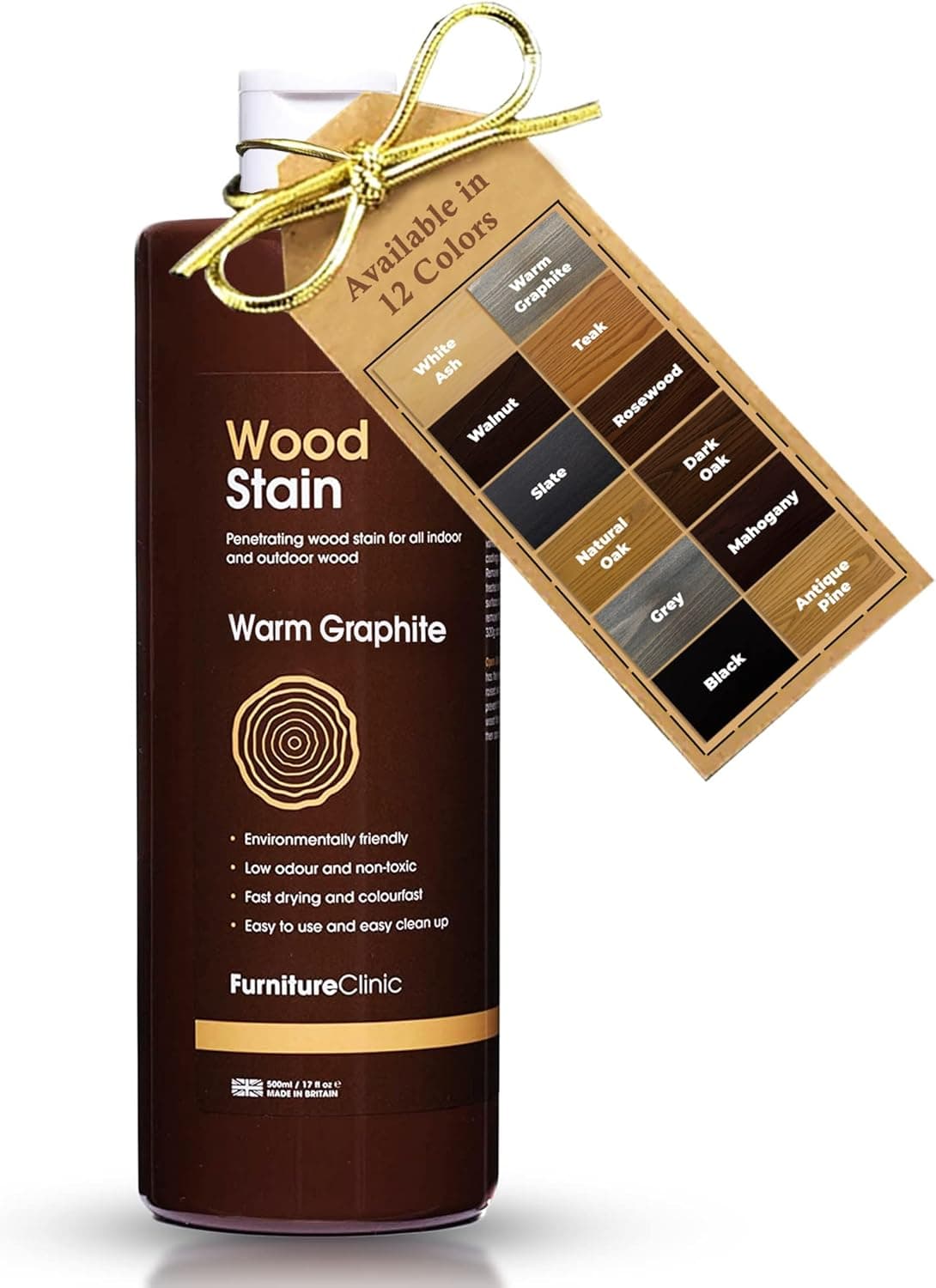Furniture Clinic Wood Stain | Multiple Finishes | Fast Drying | Indoor and Outdoor Furniture and More | Water Based, Low Odor, Non-Toxic | Polyurethane Finish & Sealer | Warm Graphite (8.5oz / 250ml)