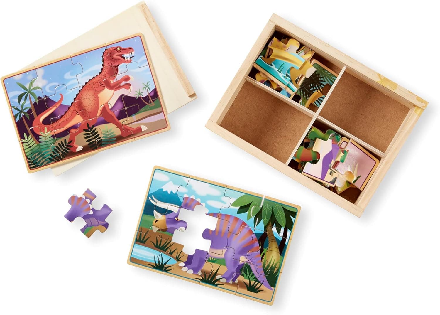 Melissa & Doug Dinosaurs 4-in-1 Wooden Jigsaw Puzzles in a Storage Box (48 pcs) - Kids Puzzle, Dinosaur Puzzles for Kids Ages 3+ - FSC-Certified Materials