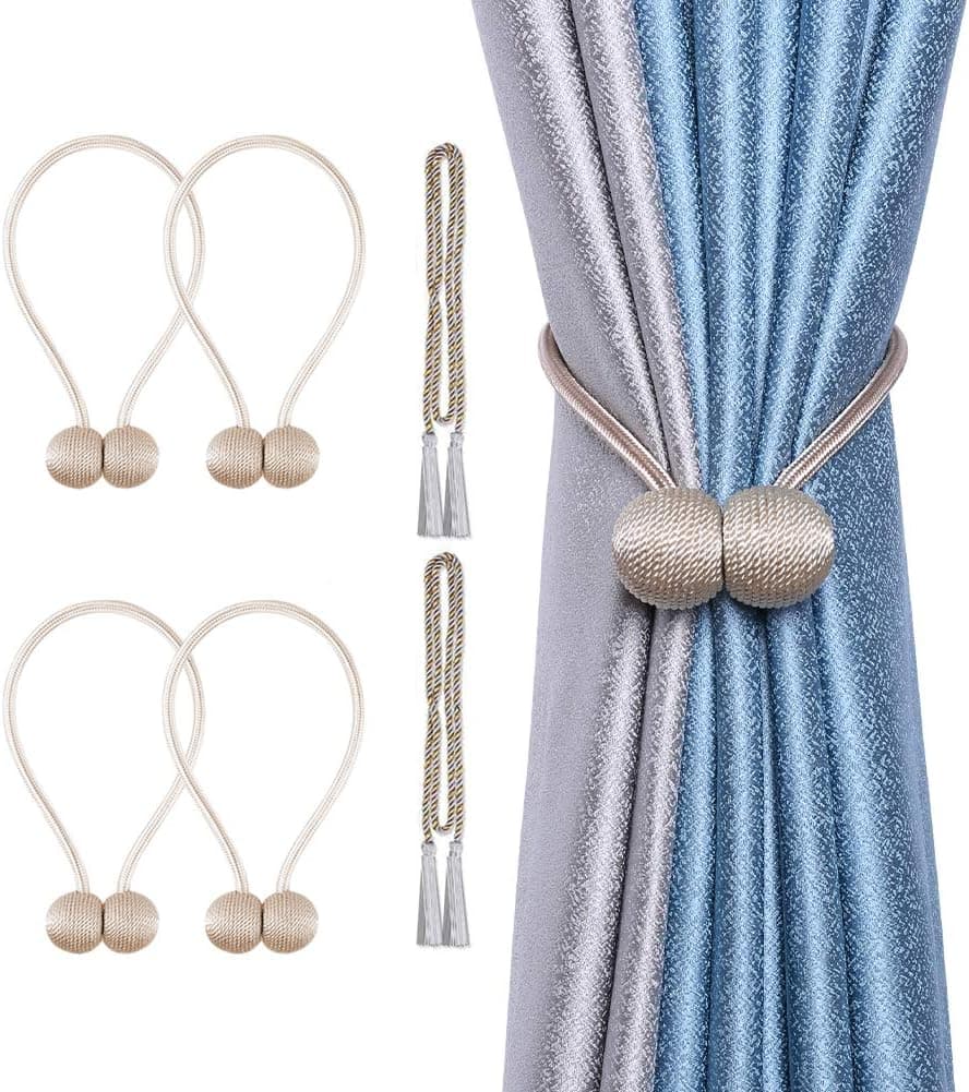 cyrico Magnetic Curtain Tiebacks, Decorative Curtain Holdbacks Rope Holdbacks Convenient Drape Tie Backs for Thick Sheer Curtains Light Weight Drapes Outdoor and Indoor Curtains,Gold (4 Pack)