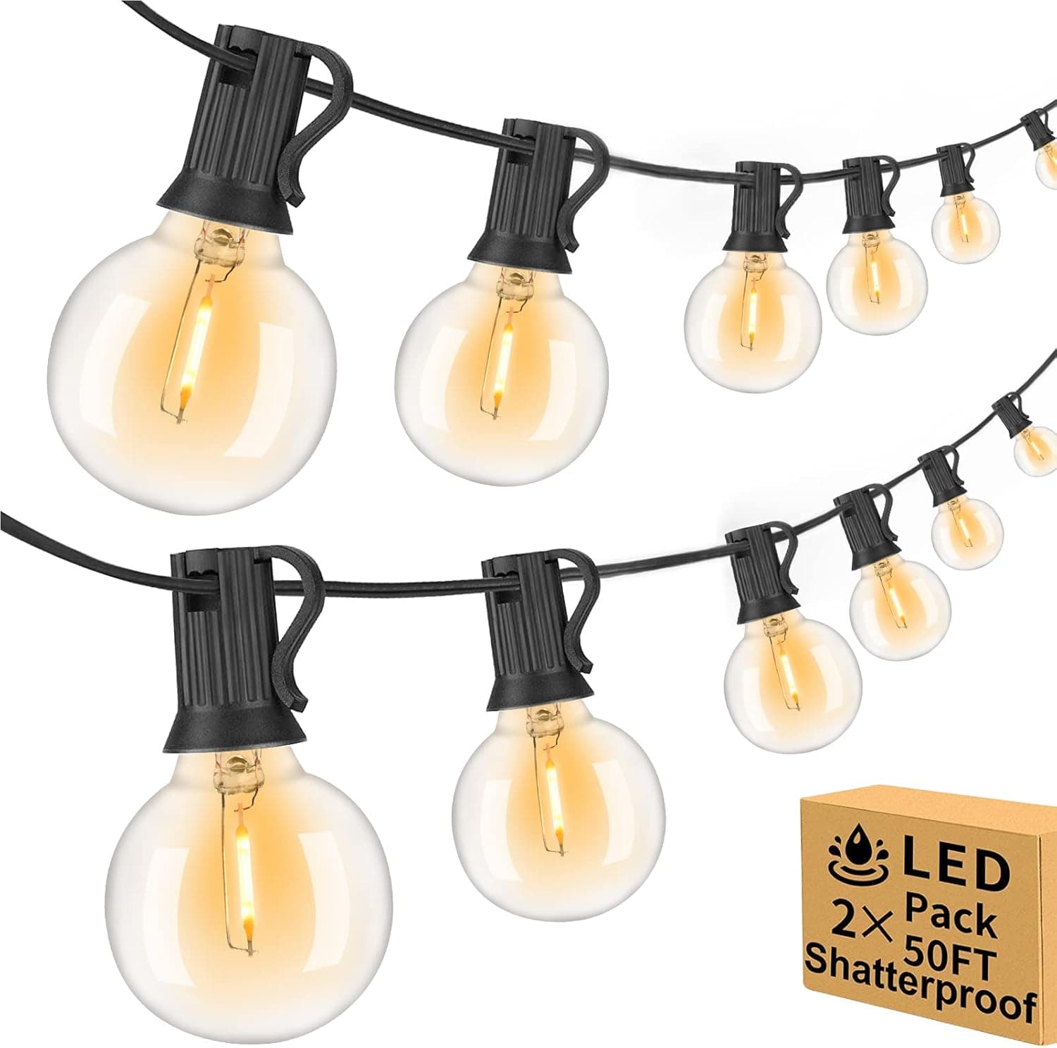 100ft 2-Pack Outdoor String Lights,Dimmable G40 LED String Lights with 52 Shatterproof Clear Bulbs UL Approval Waterproof Globe 1W 2700K Outdoor Lighting for Backyard Porch Cafe Party Wedding Garden